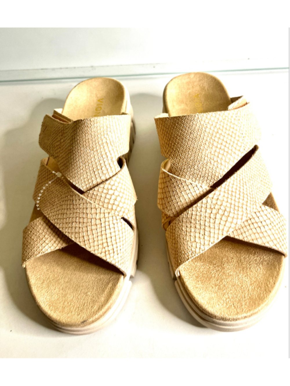 NWOB Vionic Uptown Sunset Beige Wedge Slide Leather Sandals Women Size 9.5